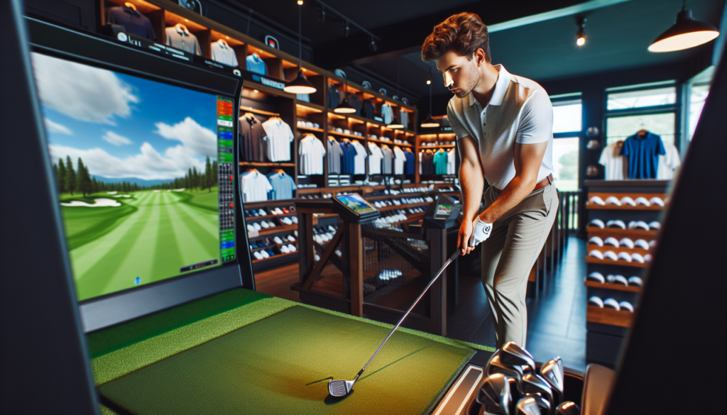 a man playing golf in a store on a SkyTrak golf simulator