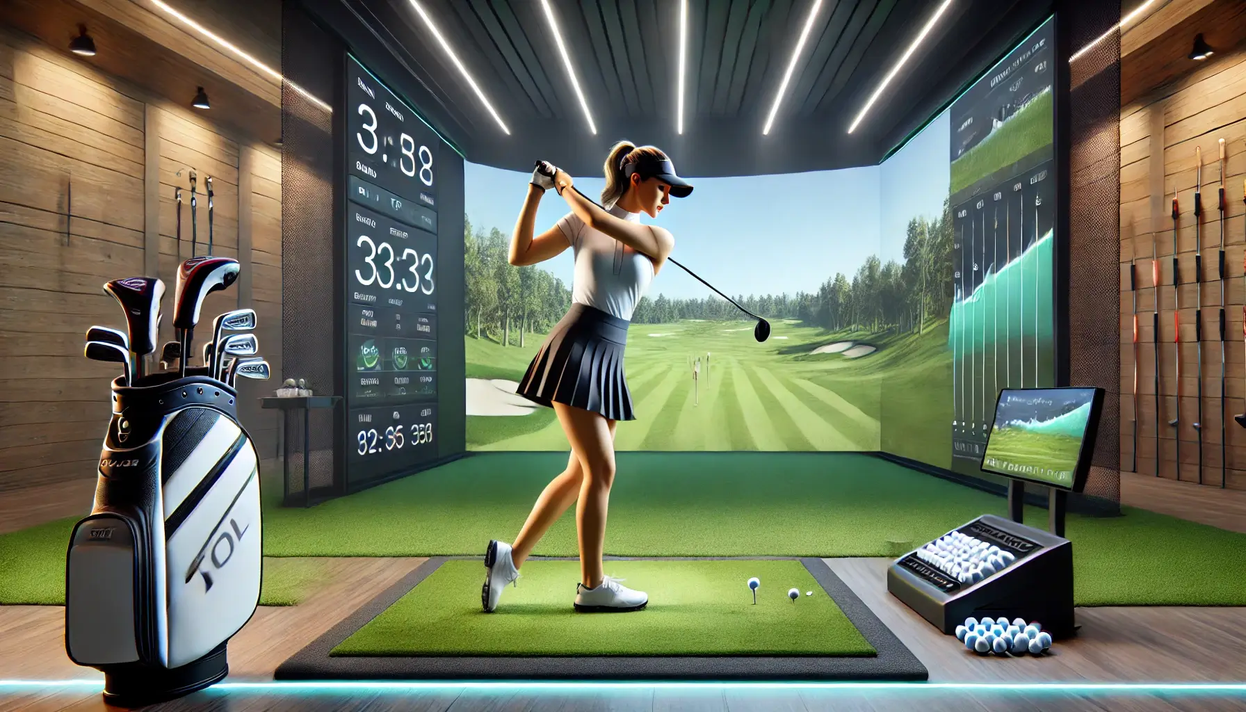 female golfer hitting in a golf simulator